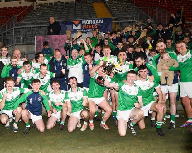 Newry Shamrocks celebrate winning the Charlie Keown cup.