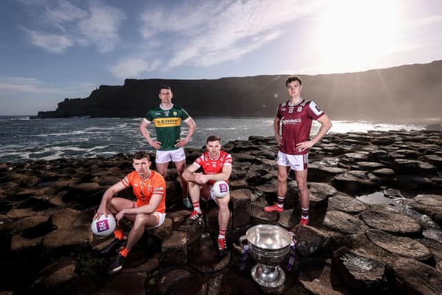 Robert Finnerty of Galway, Paul Geaney of Kerry, Sam Mulroy of Louth and Ethan Rafferty of Armagh, pictured today for AIB at the launch of the 2025 GAA All-Ireland Senior Football Championship. This year marks a significant milestone as AIB celebrates its 10th year as sponsor of the All-Ireland Senior Football Championship, a decade of unwavering support for Gaelic Games. Pic: ©INPHO/Dan Sheridan