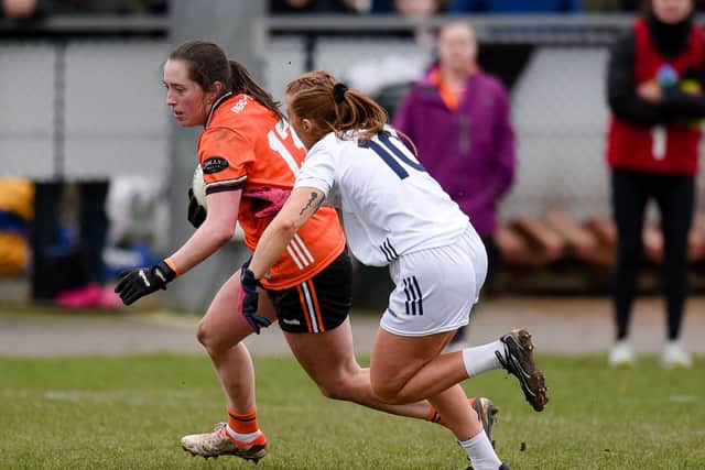 Silverbridge girl Niamh Reel takes on Kildare's Ciara Moran.