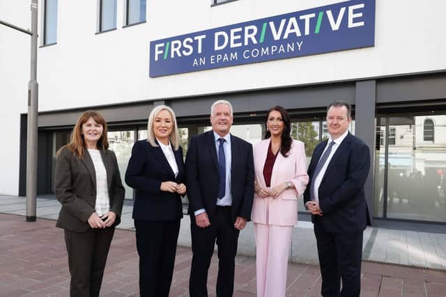 Pictured left to right are: Economy Minister Dr Caoimhe Archibald, First Minister Michelle O’Neill, Andrew Colhoun, Head of First Derivative, deputy First Minister Emma Little-Pengelly and Kieran Donoghue, Chief Executive of Invest NI.