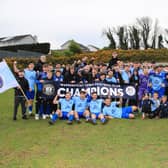 Warrenpoint Town celebrate with their supporters as they win the Playr-Fit League Premier Intermediate League and are now promoted back to the Championship.