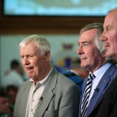 Peter McParland (left) with Pat Jennings and Billy Hamilton at Northern Ireland's Euro 2016 squad announcement