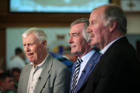 Peter McParland (left) with Pat Jennings and Billy Hamilton at Northern Ireland's Euro 2016 squad announcement