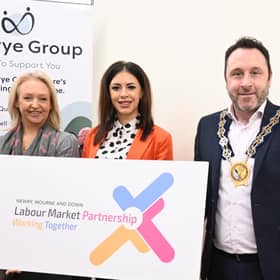 Jude Keenan (Programme Manager, Clanrye Group), Emma McCormick (Programme Coordinator, Clanrye Group), and Chairperson of NMDDC Cllr Pete Byrne.