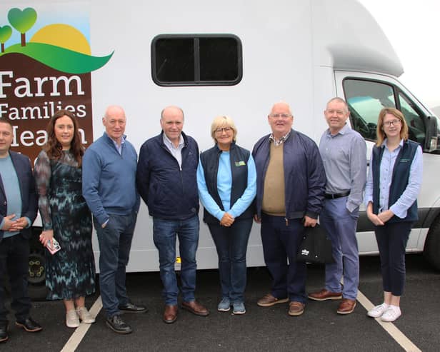 Senior Nurse from Farm Families Health Checks Helen McAuley with l-r Councillor David Taylor, Aoife McComiskey DEA Coordinator Slieve Gullion, Councillor Declan Murphy, John McManus and Jerome Burns who had just had health checks, Councillor Mickey Larkin and Claire Convery Clanrye Group Head of  Community partnerships. at DEA Men's Health Event in Slieve Gullion Courtyard.