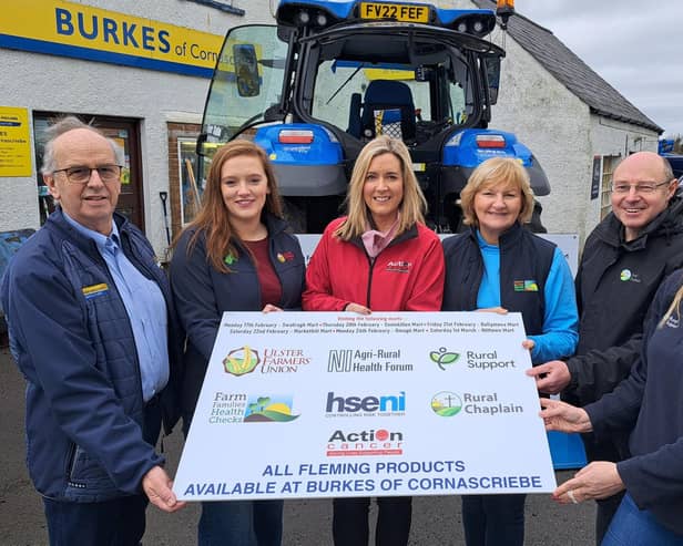 L-R: Harry Burke (Burkes Tractors Owner), Rachel Mitchell (UFU), Lucy McCusker (Action Cancer), Helen McAuley (Farm Family Health Checks), Rev Kenny Hanna (Rural Chaplaincy) and Victoria Ross (Rural Support).