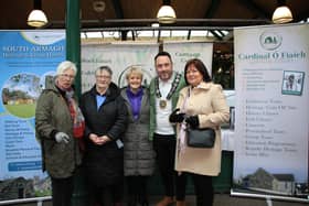 Council Chairperson, Councillor Pete Byrne with l-r Ann McGlade, Una Walsh, Teresa Nugent and Carmel Murchan at the South Armagh Heritage & Living History and Cardinal ó Fiaich Heritage Centre stand.