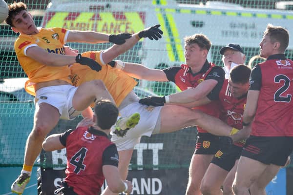Action from Down's Allianz League Division 3 clash with Antrim at Corrigan Park. Pictures: Brendan Monaghan.