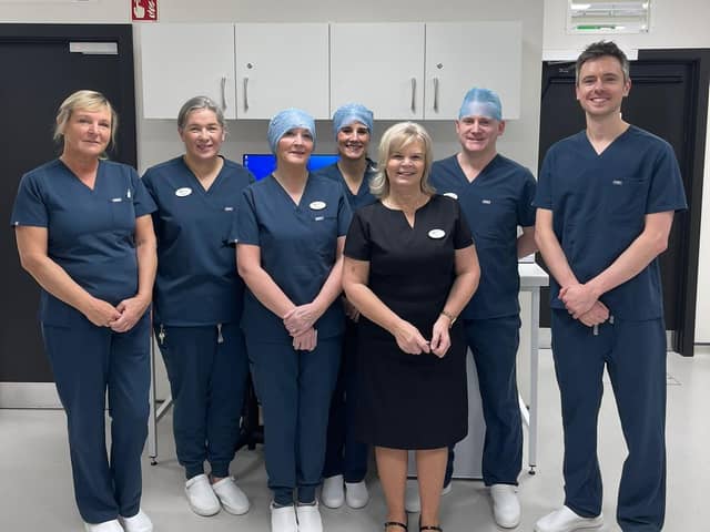 L-R Liz McClean, Barbara Finlay, Bridgean McKay, Ruth Collins, Jill Currie, Mr Michael O’Gallagher, and Dr Mark Maguire, Solasta’s specialist eye care team, pictured on their first full day of cataract surgeries at the new clinic in The Boulevard, Banbridge.