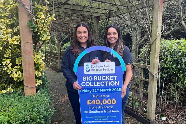 Hospice staff are pictured launching their ‘Big Bucket Collection’ which will take place on Friday, March 21 throughout the majority of towns in Southern Health Trust area.