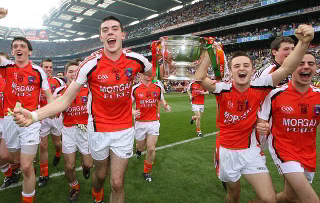 Armagh's Peter Carragher and Robbie Tasker celebrate victoryMandatory Credit ©INPHO/Lorraine O'Sullivan *** Local Caption ***