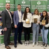 Students of the Year: Aoife Rice, Claragh Lenaghan and Rebecca Callan pictured with Mrs Millar - Principal, Dermot Bellew - Guest Speaker, Mr Murray - Vice Principal and Mrs Carleton - Vice Principal.