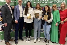 Students of the Year: Aoife Rice, Claragh Lenaghan and Rebecca Callan pictured with Mrs Millar - Principal, Dermot Bellew - Guest Speaker, Mr Murray - Vice Principal and Mrs Carleton - Vice Principal.