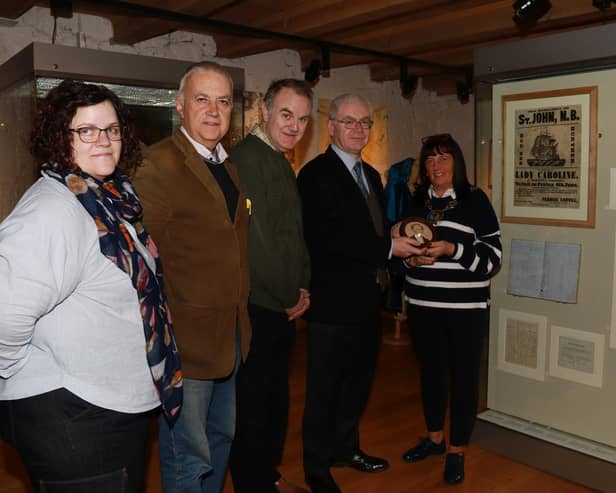 Chairperson Cllr Valerie Harte is pictured with Joanne Cummins, Collections Officer at Newry and Mourne Museum, Francis Gallagher and Adrian Murdock, local historians, and Dr Ken Abraham, Museum Curator, at a photo call to mark the donation of a portrait of James Harshaw to Newry and Mourne Museum.