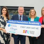 Economy Minister Conor Murphy with (L to R) Liz Toner, Head of Marketing, First Derivative, Louise O’Hare, Head of Learning and Development, First Derivative and Lee Campbell, Interim Principal and Chief Executive, Southern Regional College.