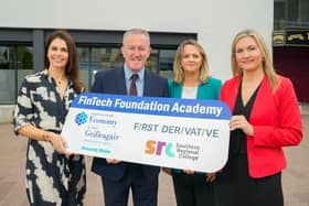 Economy Minister Conor Murphy with (L to R) Liz Toner, Head of Marketing, First Derivative, Louise O’Hare, Head of Learning and Development, First Derivative and Lee Campbell, Interim Principal and Chief Executive, Southern Regional College.