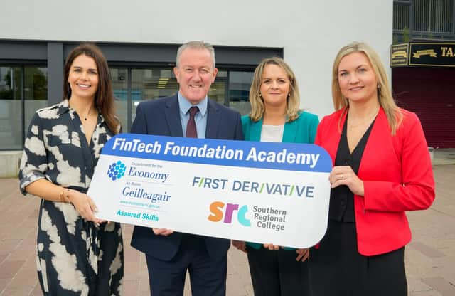 Economy Minister Conor Murphy with (L to R) Liz Toner, Head of Marketing, First Derivative, Louise O’Hare, Head of Learning and Development, First Derivative and Lee Campbell, Interim Principal and Chief Executive, Southern Regional College.