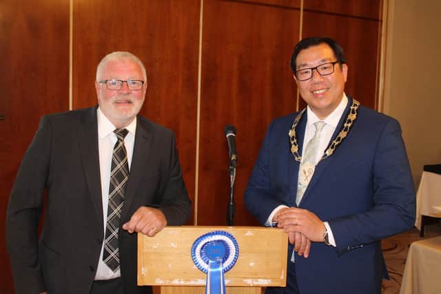 Chatting at the launch of Newry Show 2025: Cllr David Lee-Surginor, outgoing deputy chairperson Newry, Mourne and Down District Council, and Brian Lockhart, chairman Newry Show Society.