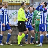 Newry’s Ciaran O'Connor gets a straight red card for a challenge on Rory Hale. Credit: INPHO/Stephen Hamilton