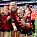 Orla Boyle, Katie Howlett, Meghan Doherty and Orla Swail celebrate at Croke Park after Down's win over Limerick.