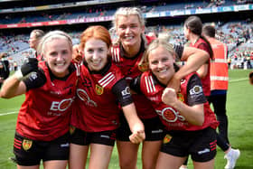 Orla Boyle, Katie Howlett, Meghan Doherty and Orla Swail celebrate at Croke Park after Down's win over Limerick.