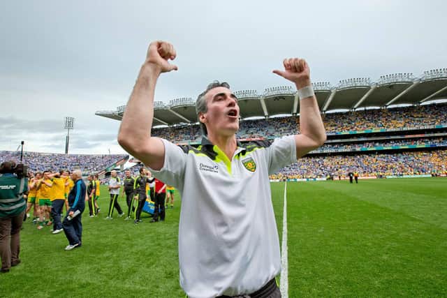 GAA Football All Ireland Senior Championship Semi-Final, Croke Park, Dublin 31/8/2014 Dublin vs Donegal: Donegal manager Jim McGuinness celebrates the final whistle. Pic: ©INPHO/Morgan Treacy