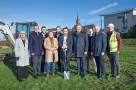 Sod cutting at the Dunleath Urban Sports Park: Front row (from left): Catherine McInerney and Damian Mulholland, Department for Communities; Cllr Oonagh Hanlon; Newry, Mourne and Down District Council Chairperson, Cllr Pete Byrne; Mal McGrady, Chair of Downpatrick Regeneration Working Group; Andrew Patterson, Director of Active and Healthy Communities, Newry, Mourne and Down District Council, and Gavin Connolly, Contract Manager, CivCo. Back row (from left): Cllr Conor Galbraith, Cllr Gareth Sharvin and Cllr Philip Campbell.