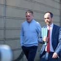 Armagh GAA star Aidan Nugent arrives at Newry Magistrates Court this morning with his solicitor, Patrick Higgins. Picture: Pacemaker.