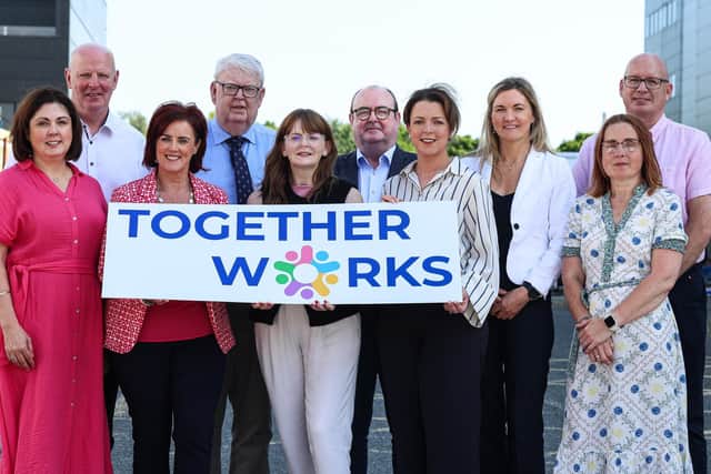 Judith Poucher Deputy CEO, Clanrye Group, Brian Doran, Chair of Together Works Board, Edwina Flynn, President Newry Chamber, Paddy Duffy, Newry Gateway, Economy Minister Dr Caoimhe Archibald, who formally launched the initiative, Liam Devine, CEO Clanrye Group, Liz Kimmins MLA, Board member Together Works and Lee Campbell, CEO SRC, Adele Campbell, parent representative and Michael Savage, CEO, Newry Chamber of Commerce.