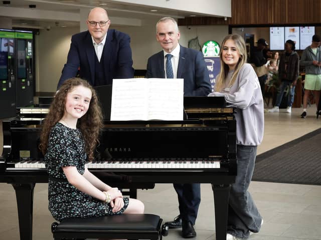 L-R - Scarlett Hutchinson, Matthew Owens, The GRAND Pianist Head Judge, Chris Conway, Translink Group Chief Executive, Robyn English.