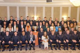 Newry, Mourne and Down District Council Chairperson, Councillor Pete Byrne and Lord Mayor of Armagh, Banbridge and Craigavon Borough Council, Councillor Sarah Duffy along with the All-Ireland Winning Team, Armagh GAA, MP and MLAs from Newry and Armagh with Councillors and the management team of Newry, Mourne and Down District Council. Pics: Liam McArdle.