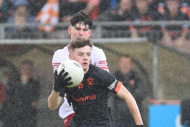 Armagh captain Shea Loughran on the ball against Derry in the All-Ireland final. Pics: John Merry