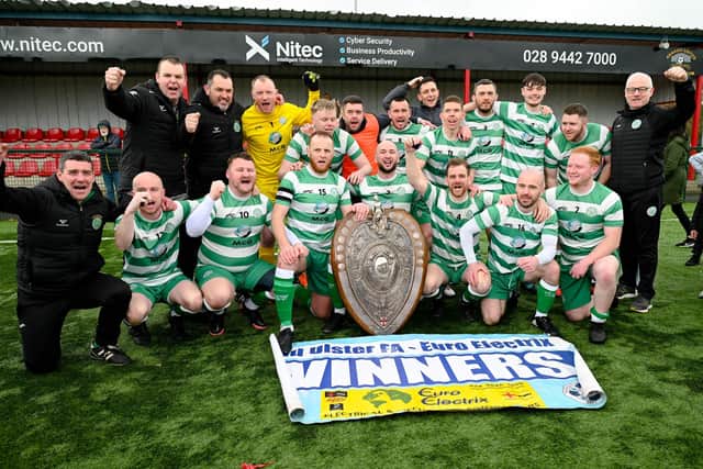 Cleary Celtic's players and management celebrate after they won their third straight Mid Ulster Shield title last year. Pic: Brendan Monaghan