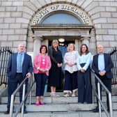 As many banks close their doors, the Bank of Ireland is marking a remarkable milestone: 200 years of providing essential services to the Newry community. Pictured at Bank of Ireland Newry are Stephen Cromie, owner and founder, Exact CNC (NI) Ltd, Edwina Flynn, President, Newry Chamber of Commerce, Geraldine O’Hagan, Senior Bank Manager, Bank of Ireland UK, Jacinta Linden, CEO, Bolster Community, Gail Goldie, CEO, Bank of Ireland UK and Steve Pateman, Interim Chair, Bank of Ireland UK