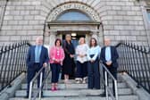 As many banks close their doors, the Bank of Ireland is marking a remarkable milestone: 200 years of providing essential services to the Newry community. Pictured at Bank of Ireland Newry are Stephen Cromie, owner and founder, Exact CNC (NI) Ltd, Edwina Flynn, President, Newry Chamber of Commerce, Geraldine O’Hagan, Senior Bank Manager, Bank of Ireland UK, Jacinta Linden, CEO, Bolster Community, Gail Goldie, CEO, Bank of Ireland UK and Steve Pateman, Interim Chair, Bank of Ireland UK
