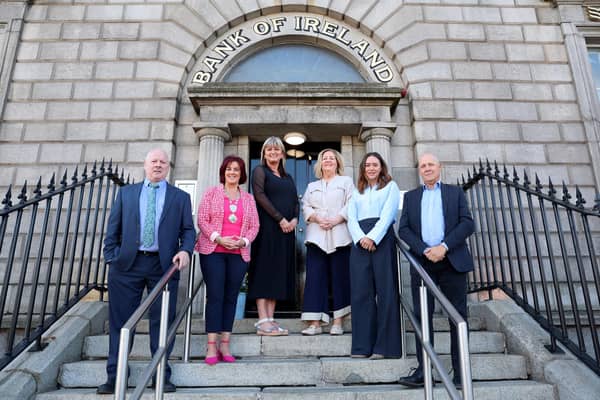 As many banks close their doors, the Bank of Ireland is marking a remarkable milestone: 200 years of providing essential services to the Newry community. Pictured at Bank of Ireland Newry are Stephen Cromie, owner and founder, Exact CNC (NI) Ltd, Edwina Flynn, President, Newry Chamber of Commerce, Geraldine O’Hagan, Senior Bank Manager, Bank of Ireland UK, Jacinta Linden, CEO, Bolster Community, Gail Goldie, CEO, Bank of Ireland UK and Steve Pateman, Interim Chair, Bank of Ireland UK