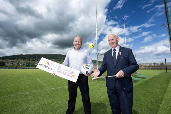 Michael Geoghegan, Ulster GAA President, and Sean McGreevey, Translink Area Manager, pictured at Corrigan Park for the launch of the 2025 Translink Ulster GAA Young Volunteer of the Month Award.