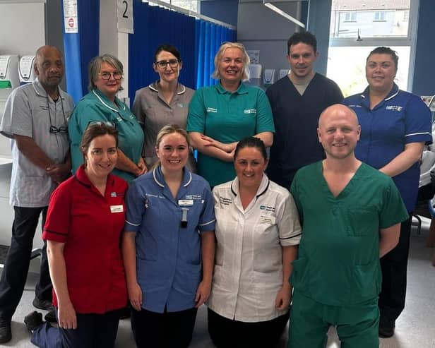 A new short stay unit at Daisy Hill Hospital is supporting patients attending the emergency department who do not need an inpatient admission.  Some of the ED team who are managing the short stay unit:  Mo Oozeerally, Health Care Assistant, Rosaleen McKevitt Domestic Assistant, Denise Smyth, Admin Support, Elaine Meade, Domestic Assistant, Aidan Brogan, Physician Associate, Niamh Burns Clinical Sister,  Lisa Small, Ward Manager, Eve Doran,  Staff Nurse, Danielle Monaghan, Occupational Therapist and Dr Paul Webster, ED Consultant.
