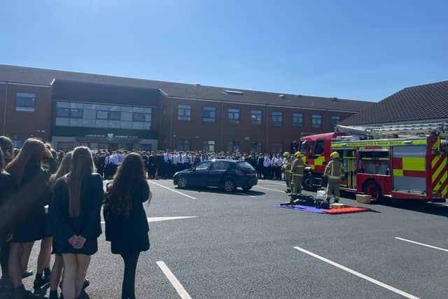 Pictured at the PCSP Road Safety event which was organised in collaboration with the Northern Ireland Fire and Rescue Service (NIFRS) are pupils from the Sacred Heart Grammar School and The Abbey CBS Grammar School. Held on Wednesday, 9 April, over 250 students attended the ‘Your Choice’ presentation and then witnessed a demonstration by members of the NIFRS which vividly portrayed a real-life emergency response to a crash, including the extraction of a volunteer ‘passenger’ from the vehicle.