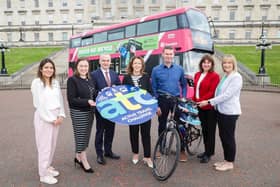 L-R: Sharan Dustagheer, Dfi Active Travel Team, Deborah Erskine MLA, Chair of the Infrastructure Committee, Chris Conway, Translink Group CEO, Liz Kimmins MLA, Minister for Infrastructure, Andrew Carson, Health and Social Wellbeing Improvement Manager at Public Health Agency, Callie Persic, Development Manager at Belfast City Council and Claire Pollock, Head of Sustrans NI.