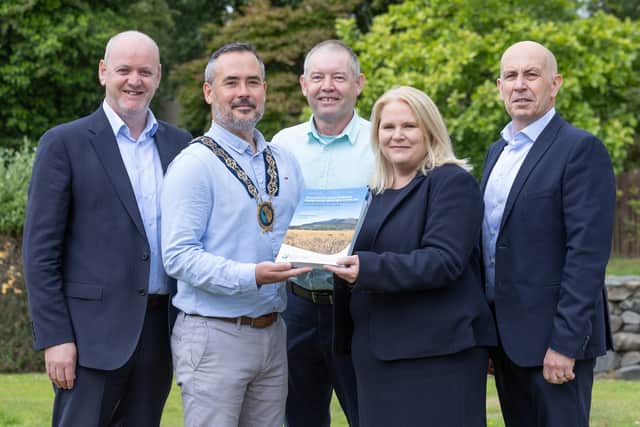 Pictured at the official launch of the Council’s Local Development Plan 2035 – draft Plan Strategy at the Burrendale Hotel, setting out a bold new vision for the future development of the district are (L-R) Conor Mallon, NMDDC Director Economy, Regeneration and Tourism (NMDDC), Council Chairperson, Councillor Philip Campbell, Marie Ward, Chief Executive Officer, Planning Committee Chairperson, Councillor Mickey Larkin and Jonathan McGilly, Assistant Director, Economy Regeneration and Tourism (NMDDC).