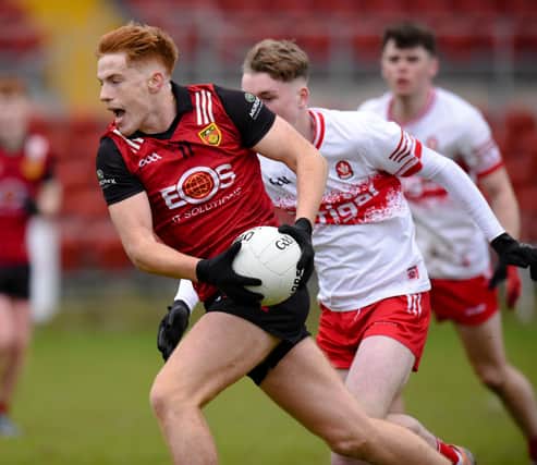 Down half-forward Ronan Kelly goes on the attack against Derry at Pairc Esler.