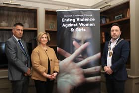 Newry, Mourne and Down District Council Chairperson, Councillor Pete Byrne pictured with Head of Engagement Martina Flynn and Gary Scott, Safeguarding Coordinator Newry, Mourne and Down District Council.