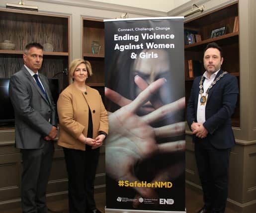 Newry, Mourne and Down District Council Chairperson, Councillor Pete Byrne pictured with Head of Engagement Martina Flynn and Gary Scott, Safeguarding Coordinator Newry, Mourne and Down District Council.