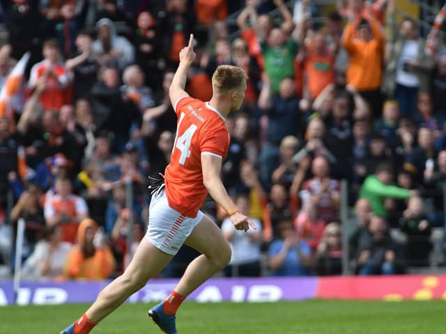 Rian O Neill celebrates scoring a penalty for Armagh.
