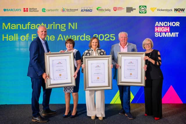 (L-R) Richard Hogg, Chair, Manufacturing NI; Patricia Clements, Managing Director, Bradfor Ltd; Joanne Liddle, Managing Director, IPC Mouldings; Brian McConville CBE, Chair, MJM Group/Rathbane Group; Wendy Austin