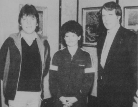 Miss Ciara McAteer, who had been appointed 'Co-Ordinator of Sport and Recreation for the less-able' by Newry and Mourne Council in 1985, with Mr Raymond Turley (right) and Cllr Eugene Markey.