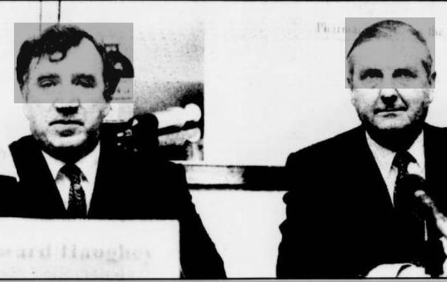 Dr Edward Haughey, Chairman and Managing Director of Norbrook Laboratories Limited, and the Secretary of State for Northern Ireland, Sir Patrick Mayhew, at the announcement of a £38.4 million investment programme which would create 235 new jobs at the pharmaceutical company.