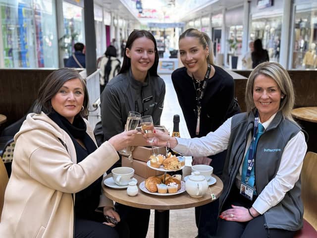 Pictured are Mary Loughran, Akvile Augustyte, Oliwia Zaslawska and Sarah O’Hare, launching Buttercrane Centre’s International Women’s Day ‘Swinging High Tea’ in aid of Women’s Aid Armagh Down.