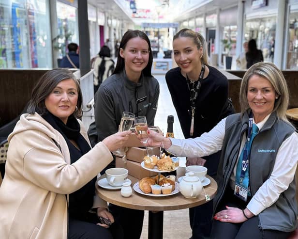 Pictured are Mary Loughran, Akvile Augustyte, Oliwia Zaslawska and Sarah O’Hare, launching Buttercrane Centre’s International Women’s Day ‘Swinging High Tea’ in aid of Women’s Aid Armagh Down.